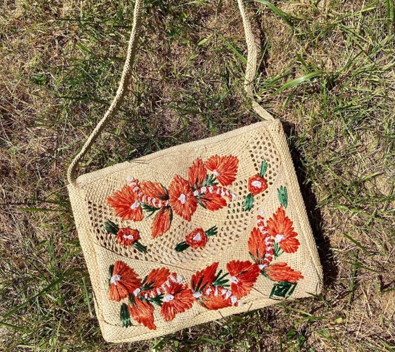 Vintage 60s Floral Woven Straw Purse / Vintage 60… - image 2