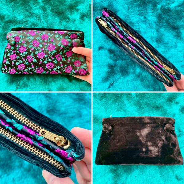 Vintage 60s Black Velvet & Purple Floral Reversible Clutch Purse / Vintage Black Velvet Reversible Handbag / Vintage 60s Black Velvet Purse