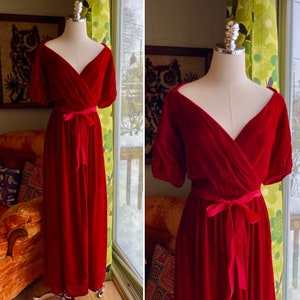 Vintage 80s Red Velvet Formal Dress with Ribbon Sash / Vintage Red Velvet Dessy Creations Maxi Dress