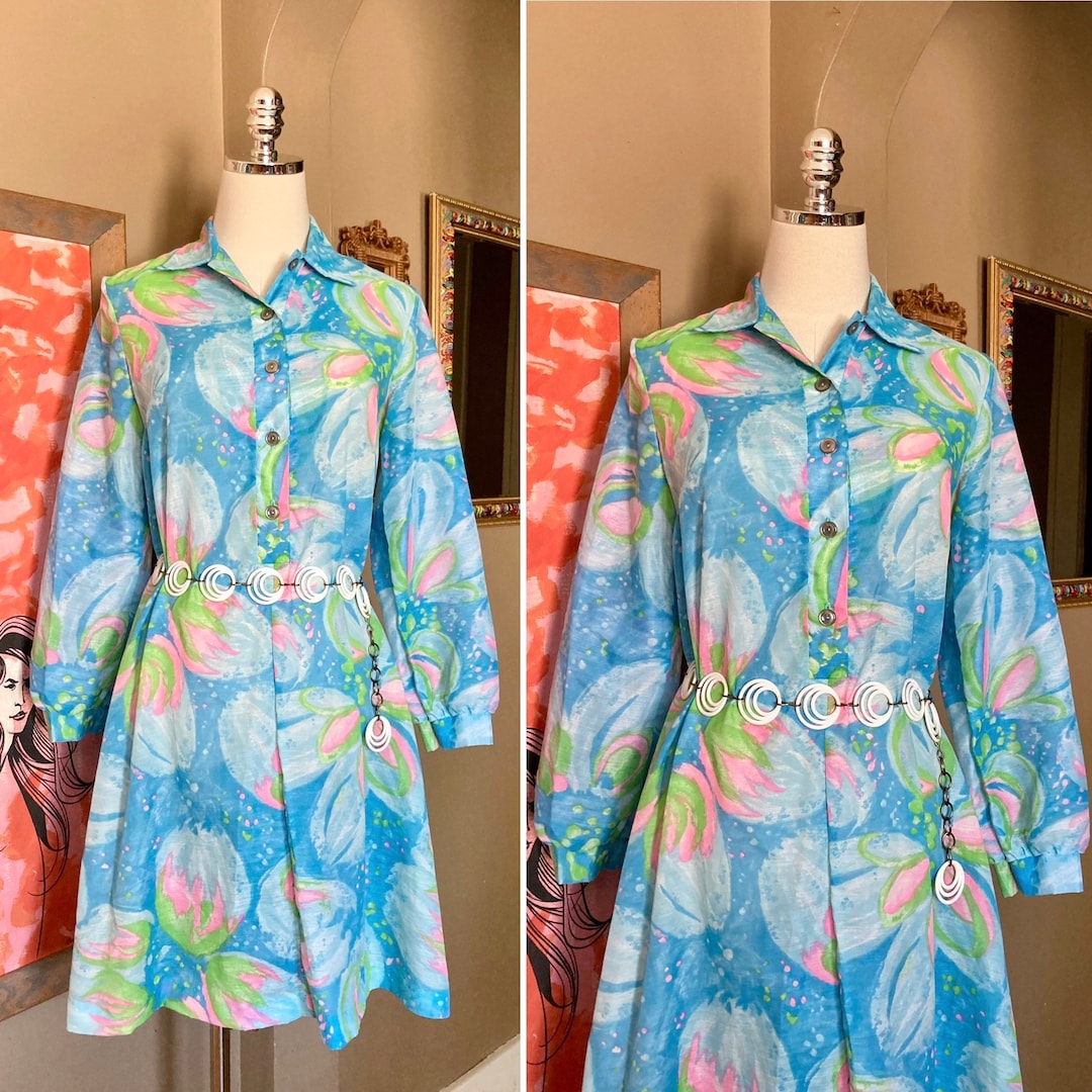 Vintage 60s Psychedelic Blue & Pink Abstract Floral Beeline Fashions