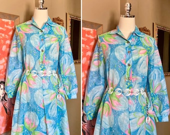 Vintage 60s Psychedelic Blue & Pink Abstract Floral Beeline Fashions Semi-sheer Dress / Vintage 60s Psychedelic Floral Dress