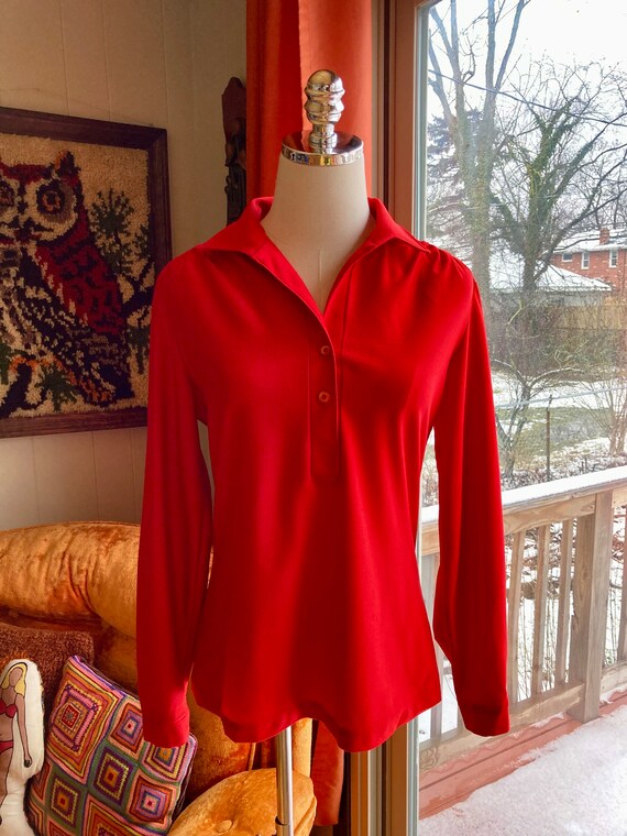 Vintage 70s Red Poly Button Down Lee Mar Blouse A… - image 2