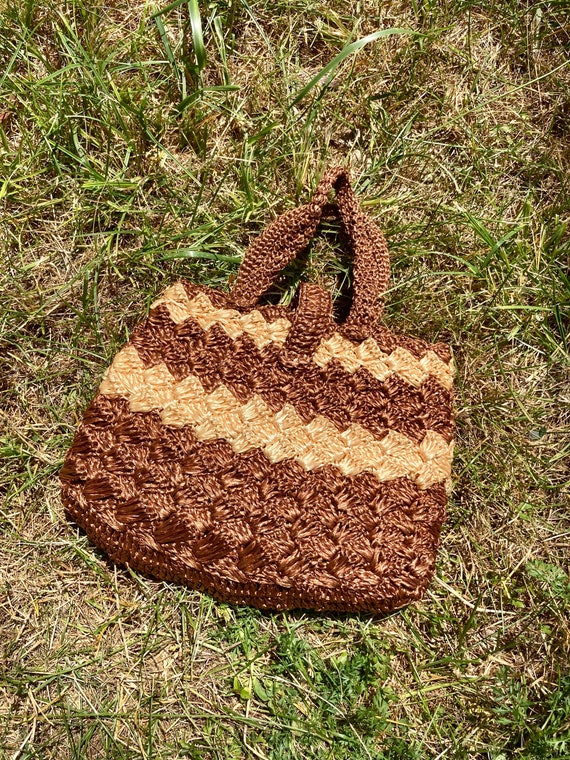 Vintage 60s/70s Brown Chevron Woven Raffia Purse … - image 7