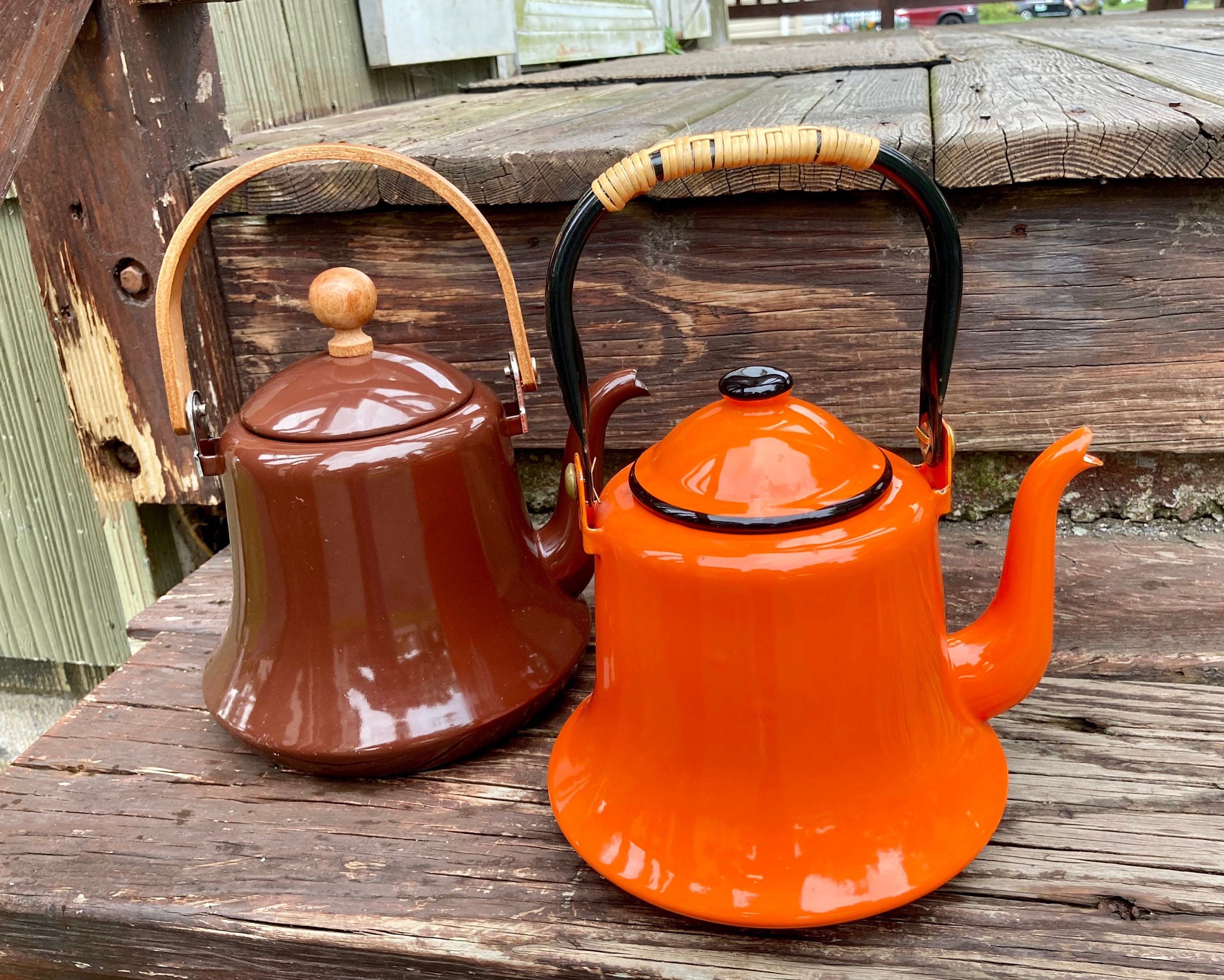 Vintage Orange Enamelware Tea Kettle Vintage Japanese Enamel Teapot MCM OTO  Enamel Teapot Rattan Handle Repurposed Vase 