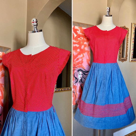 Vintage 50s Red Polka Dot & Chambray Fit and Flai… - image 1