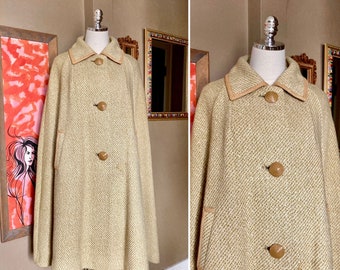 Vintage 60s Mustard Wool Tweed Cape with Mushroom Buttons / Vintage Tweed Cape Poncho / Vintage Yellow Tweed Cape