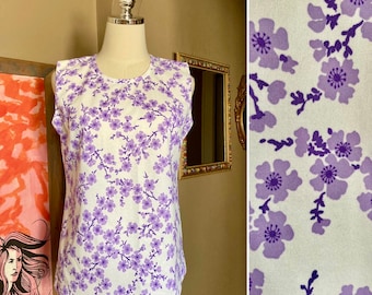 Vintage 70s White & Purple Floral Sleeveless Top / Vintage 70s Floral Poly Sleeveless Tank / Vintage 70s Purple Flower Tank Top Large