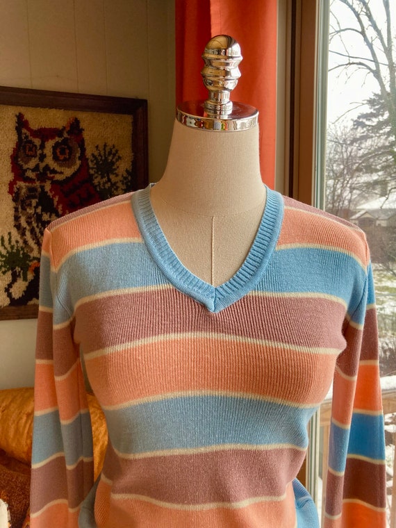 Vintage 70s Blue & Peach Pastel Stripes V-neck Sw… - image 3