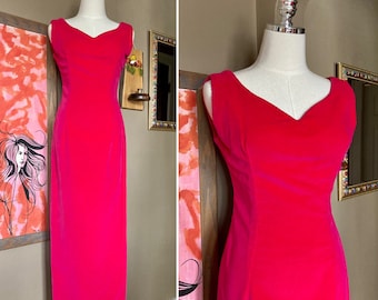 Vintage 60s BRIGHT Pink Velvet Evening Dress / Vintage 60s Pink Velvet Dress / Vintage 60s Velvet Gown