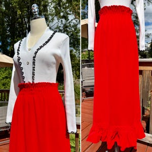 Vintage 70s Bright Red Ruffled Her Majesty Velour Maxi Skirt with Rushed Waist / Vintage 70s Red Maxi / Vintage Ruched Waist Maxi Skirt