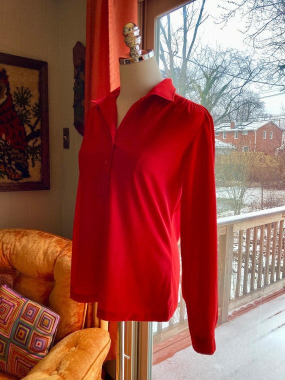 Vintage 70s Red Poly Button Down Lee Mar Blouse A… - image 8