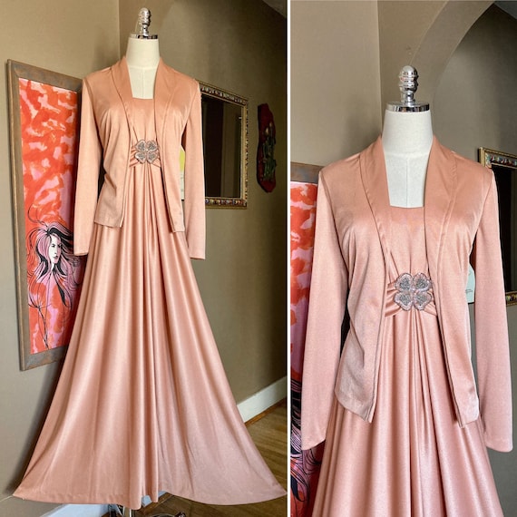 Vintage 70s Slinky Peach Disco Dress & Matching Ja