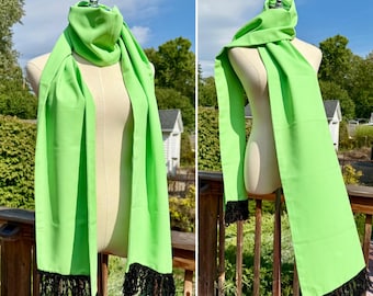 Vintage 60s Mod Electric Lime Green Shawl Scarf with Beeded Fringe / Mod Green Wide Scarf / Vintage 60s Green Scarf with Beaded Fringe