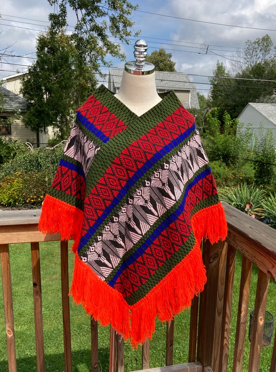 Vintage 70s Electric Orange & Green Poncho Cape wi