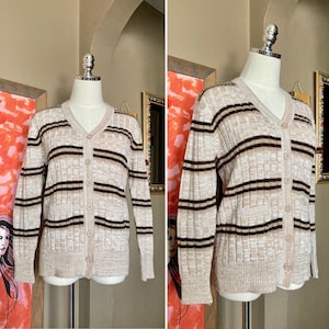 Vintage 70s Brown Striped Space Dyed Cardigan / 1970s Striped Space Dyed Sweater / Vintage Space Dyed Sweater / 70s Space Dye Cardigan