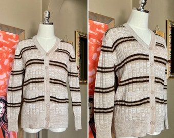 Vintage 70s Brown Striped Space Dyed Cardigan / 1970s Striped Space Dyed Sweater / Vintage Space Dyed Sweater / 70s Space Dye Cardigan
