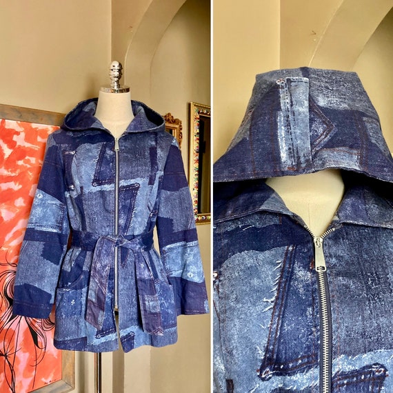 Vintage 70s Faux Patchwork Print Hooded Zip up Jean Jacket / 