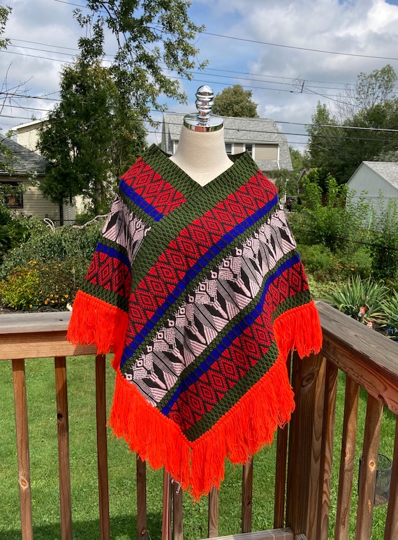 Vintage 70s Electric Orange & Green Poncho Cape w… - image 6