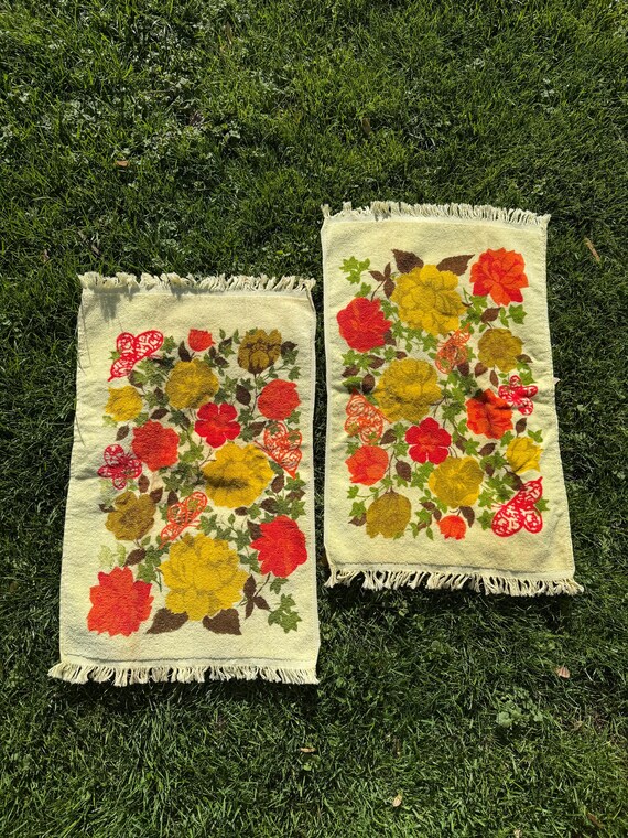 Vintage Yellow Orange Floral Butterfly Hand Towel Set Pair of