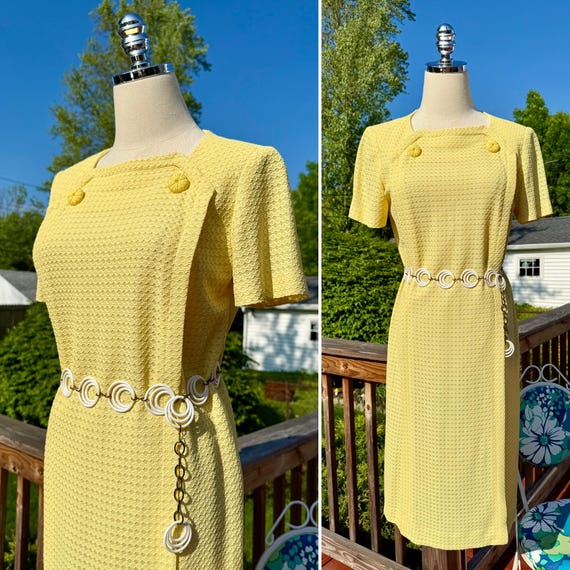 Vintage 60s Mod Yellow Textured Shift Dress with … - image 1