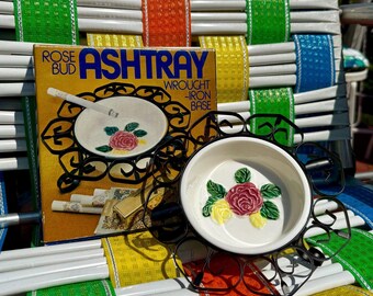 Vintage NOS Ceramic Rose Bud Ashtray with Wrought Iron Base / Vintage Two Piece Ceramic Rose Wrought Iron Ashtray