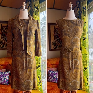 Vintage 60s Mod Gold & Brown Paisley Jacket and Matching Dress Set / Vintage Mod Paisley Jacket Dress Set / Vintage 60s Mod Dress Suit