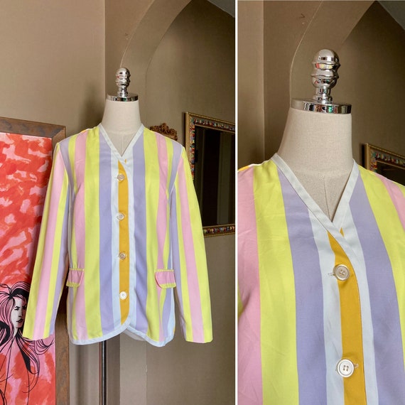 Vintage 70s Neon Rainbow Striped Russ Blazer / 70… - image 1