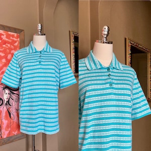 Vintage 60s Light Blue Striped Polo Shirt / 60s Light Blue Striped Shirt / 60s Men’s Short Sleeve Polo Shirt / 60s Blue Summer Shirt