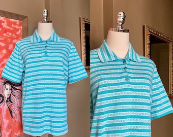 Vintage Y2K Green Blue Striped Quarter Zip Polo Shirt Size XXL by