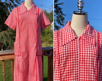 Vintage 60s/70s Red Gingham Dropwaist Dress with Rick Rack Trim / Vintage Mod Red Gingham Drop Waist Dress L/XL