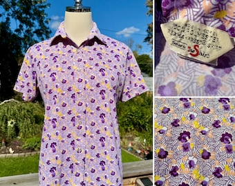 Vintage 70s Purple Abstract Floral Short Sleeved Sears Shirt / Vintage 70s Sears Flower Power Top / Vintage Purple Floral Short Sleeve Shirt
