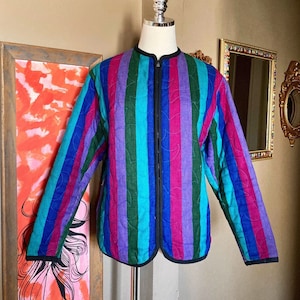 Rare Vintage 60s Mod BRIGHT Striped Color Block Quilted Jacket / Vintage 60s Mod Gaylord Horr Quilted Coat / 60s Quilted Jacket S/M