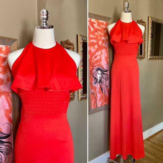 Vintage 70s Red-Orange Ruffled Disco Halter Maxi … - image 1