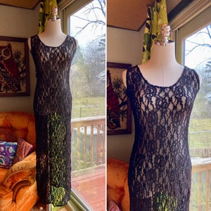 Vintage 90s Black Sheer Lace Bodycon Maxi Dress / Vintage 90s Sexy Black Lace Bodycon Dress / Vintage Black Lace Skin Tight Maxi Dress M/L