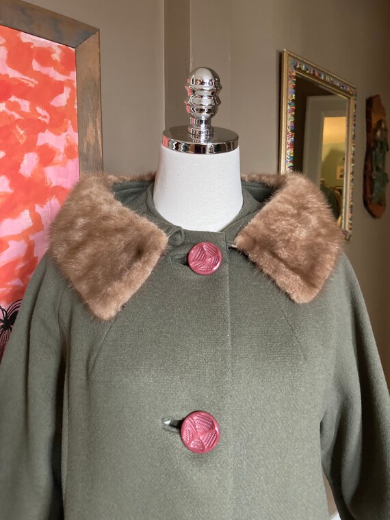 Vintage 60s Green Fur Collar Wool Coat / Vintage G