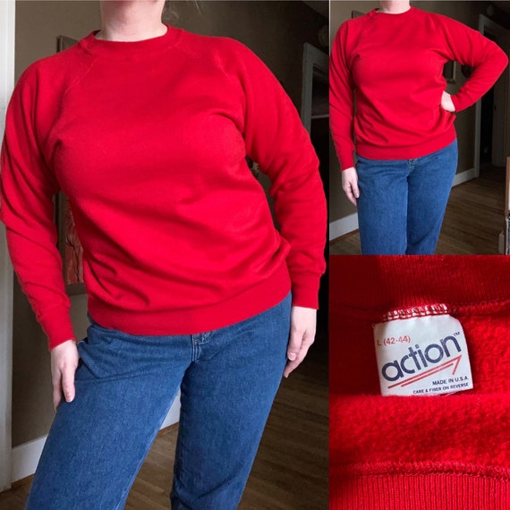 Vintage 80s Red Raglan Sweatshirt / 80s Red Crewne