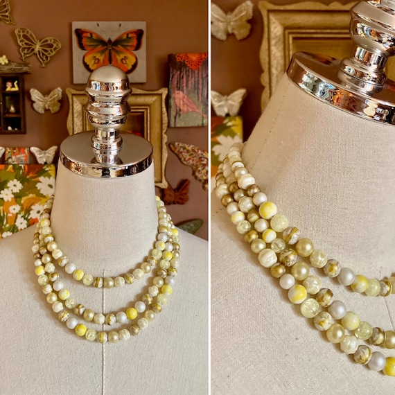 Vintage 60s Pearly Yellow Plastic Multistrand Bea… - image 1