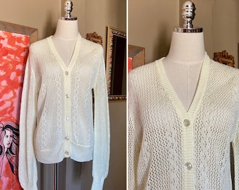 Vintage 70s Cream Knit Cardigan / 70s White Net Knit Cardigan / Vintage Cream Cardigan / Vintage White Knit Cardigan