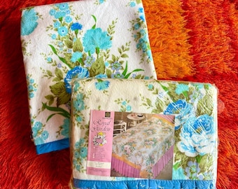 Vintage 70s NOS Blue & White Floral Rose Acrylic Beacon Blanket / Vintage Blue Floral Satin Trim Blanket / Vintage Blue Blanket