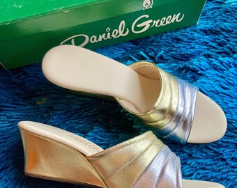 Vintage 60s Silver & Gold Daniel Green Slip on Slipper Slides / Vintage Gold and Silver Slip on Slides / Shiny Silver and Gold Slides 7.5