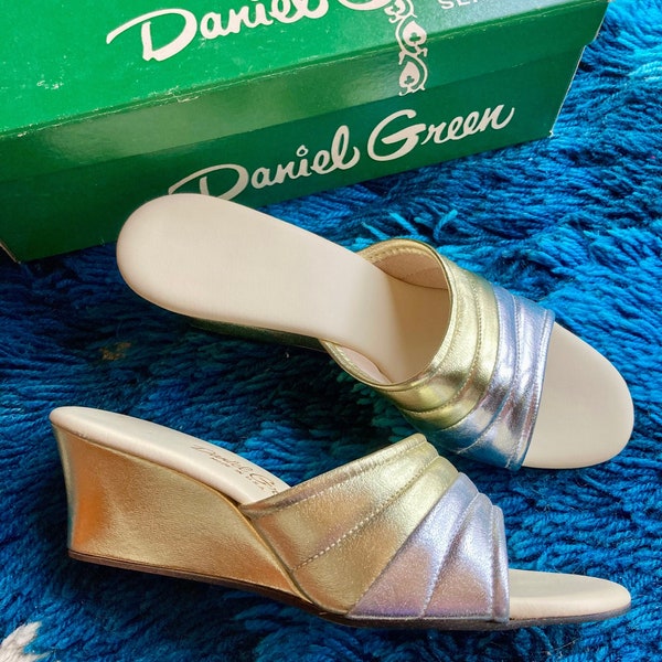 Vintage 60s Silver & Gold Daniel Green Slip on Slipper Slides / Vintage Gold and Silver Slip on Slides / Shiny Silver and Gold Slides 7.5