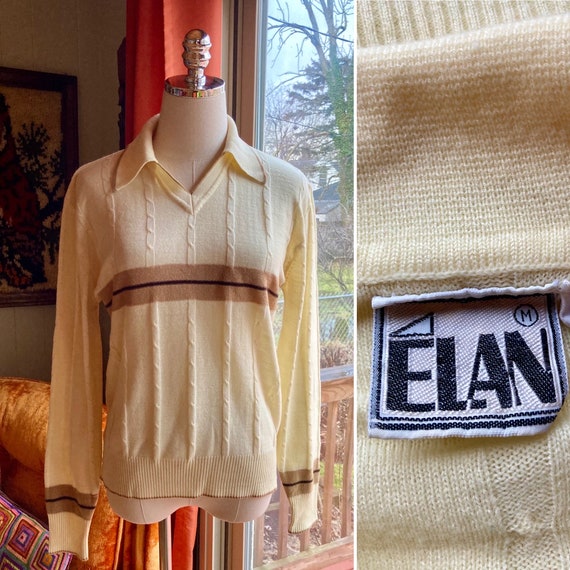 Vintage 70s/80s Men’s Cream & Brown Striped V-nec… - image 1