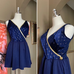 Vintage 80s Blue Dotted Diamonds Skirted Bathing Suit / 1980s Blue Skirted Swimsuit / Vintage 80s Blue Bathing Suit