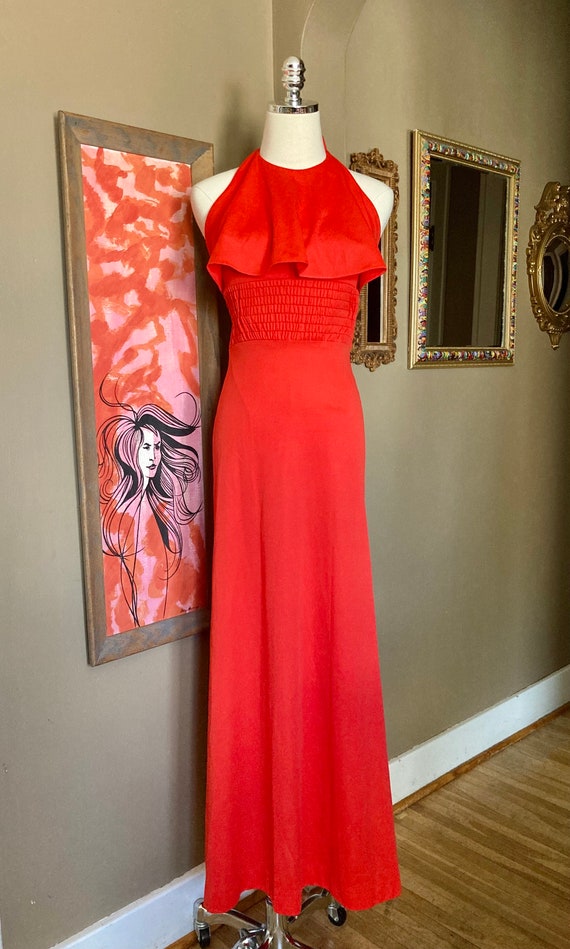 Vintage 70s Red-Orange Ruffled Disco Halter Maxi … - image 2