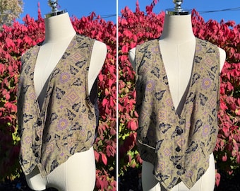 Vintage 90s Green & Purple Leaf Print Vest / Vintage 90s Green Patterned Vest / Vintage 90s Green Rayon Vest
