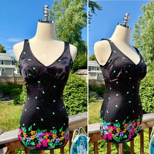 Vintage 80s Black Floral Bathing Suit / Vintage 80s Black and Pink Floral Bathing Suit / Vintage Black Flower One Piece Swimsuit