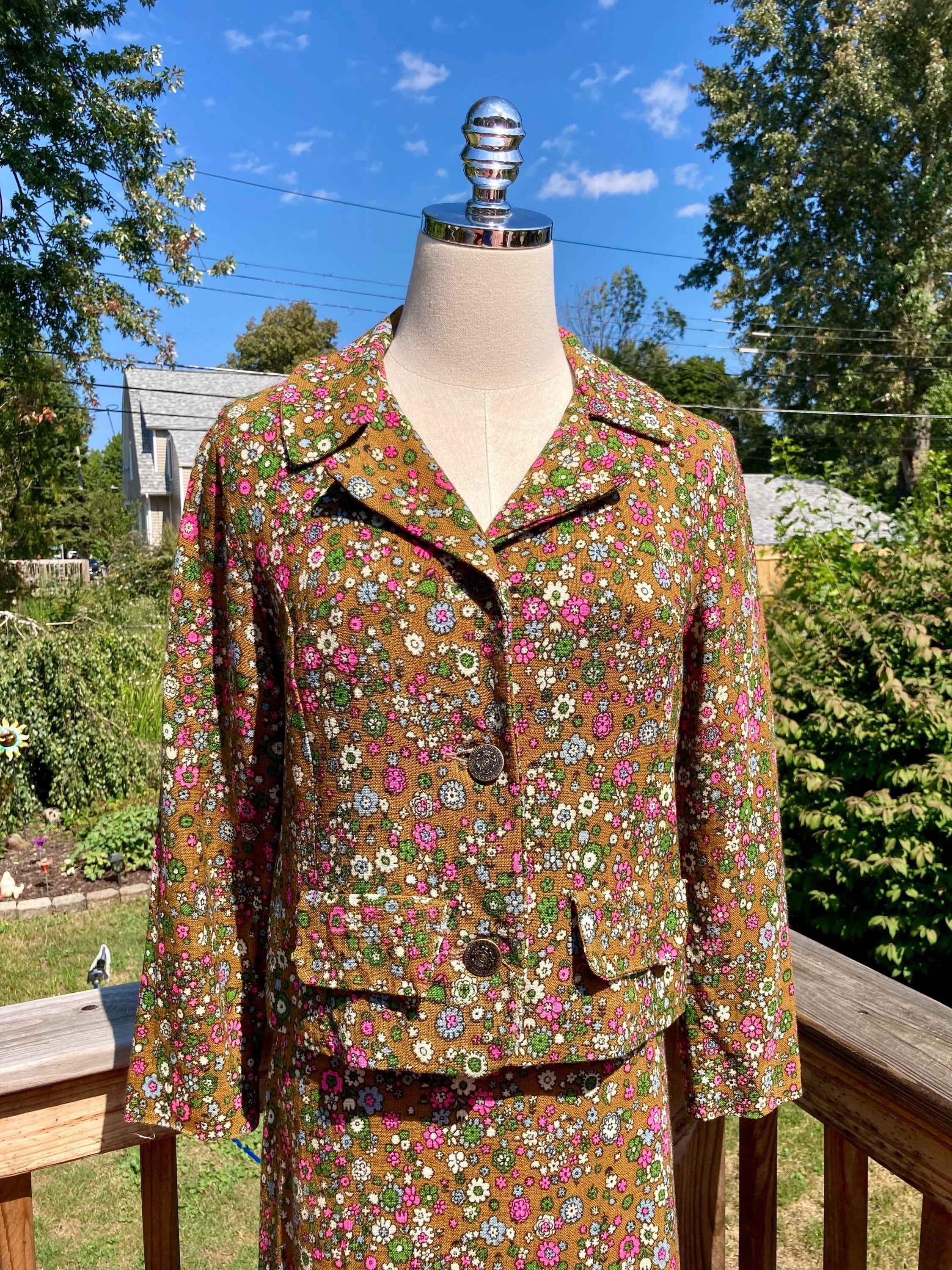Vintage 60s 70s Green and White Abstract Print Button-up Linen Skirt 4