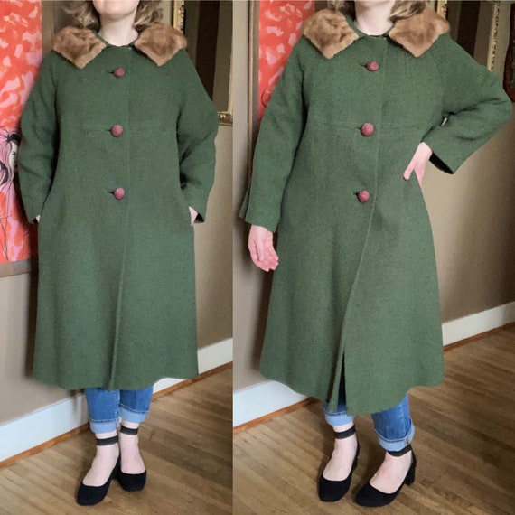 Vintage 60s Green Fur Collar Wool Coat / Vintage G