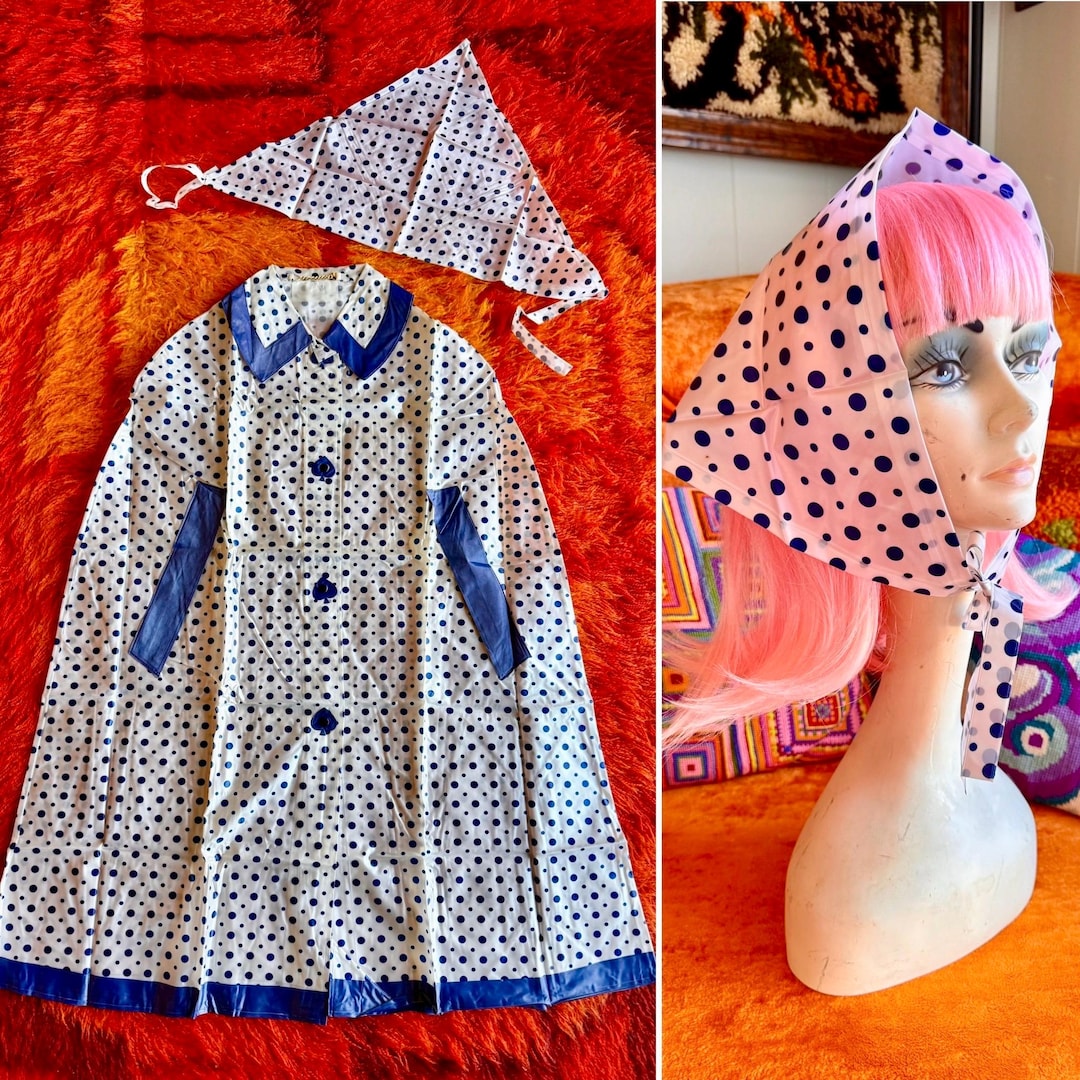 60’s Polka Dot Transparent Plastic Rain Cape and Bonnet