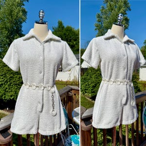 Vintage 60s White Terrycloth Towel Romper / Vintage 60s White Terry Romper / Vintage White Terrycloth Pool Cover-up Romper